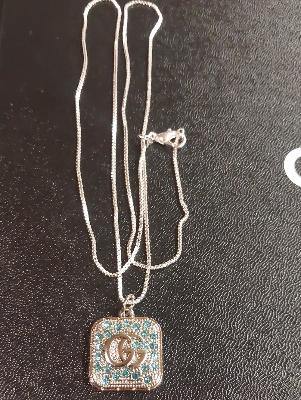 GG Silver Square Charm Pendant Necklace with Turquoise Crystals 925 SS